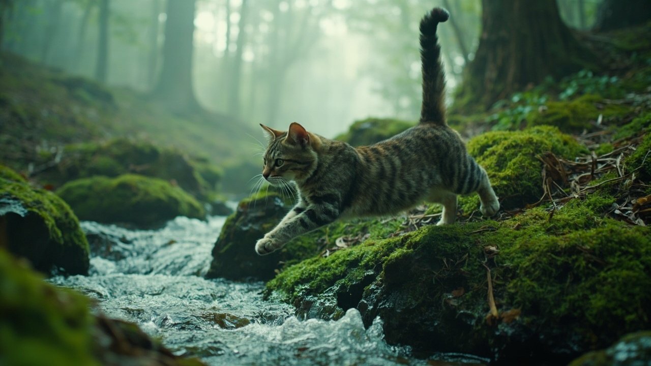 Cinematic wide shot of cat leaping onto rock beside stream in misty forest, adventure outdoor photography
