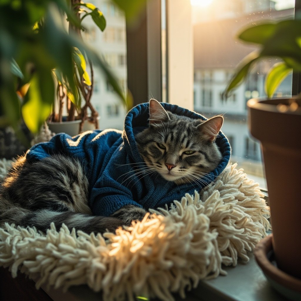 Tabby cat wearing indigo hoodie on sheepskin rug by window with plants, warm city apartment