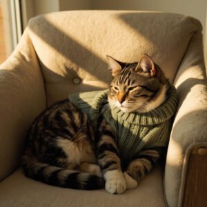 Tabby cat wearing sage green knitted sweater on cream linen armchair, sunlit minimalist apartment