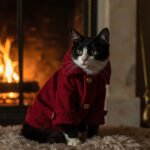 Tuxedo cat wearing deep red wool peacoat sitting beside stone fireplace, warm fire glow, sophisticated home
