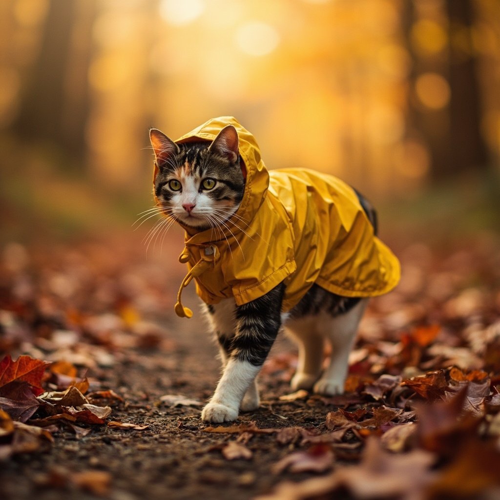Calico cat wearing yellow hooded raincoat walking on autumn forest trail, golden leaves, warm light
