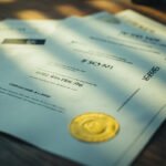 Top-down of OEKO-TEX, ISO 9001, and BSCI certificates on wooden table with golden seals