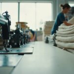 Modern garment workshop floor with sewing machines and stacked fabric bolts, soft window daylight