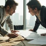 Two business professionals reviewing fabric samples at conference table with city view