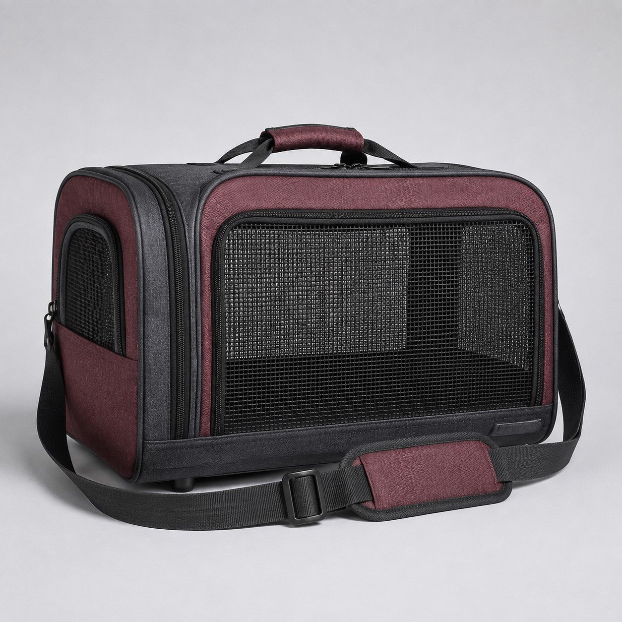 Burgundy and charcoal mesh cat carrier