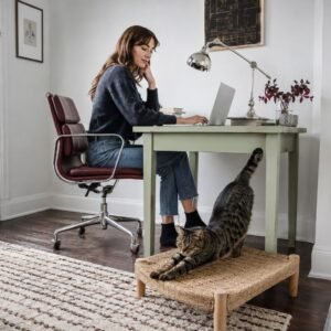 Woman working beside a cat stretching in a city home office