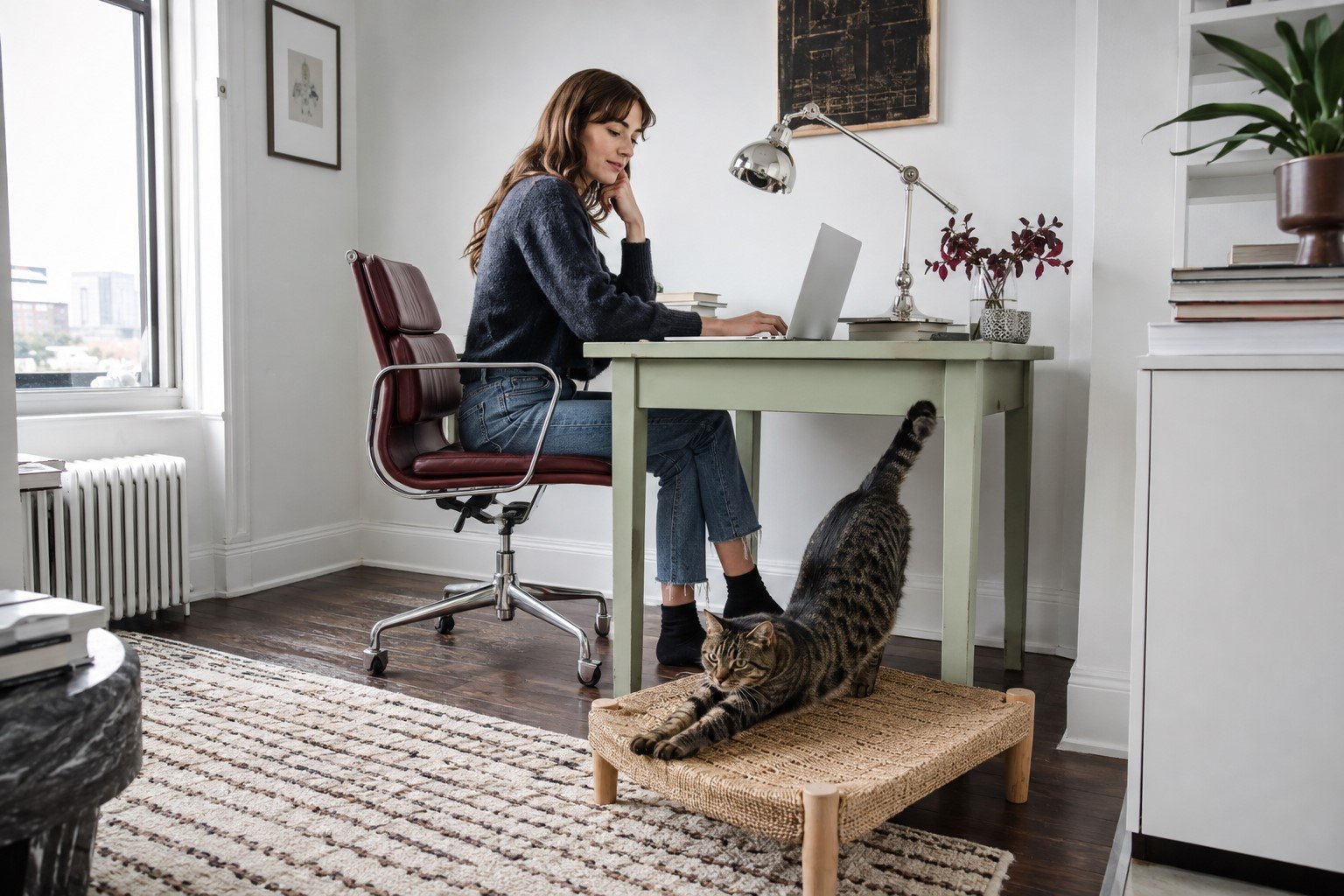 Woman working beside a cat stretching in a city home office