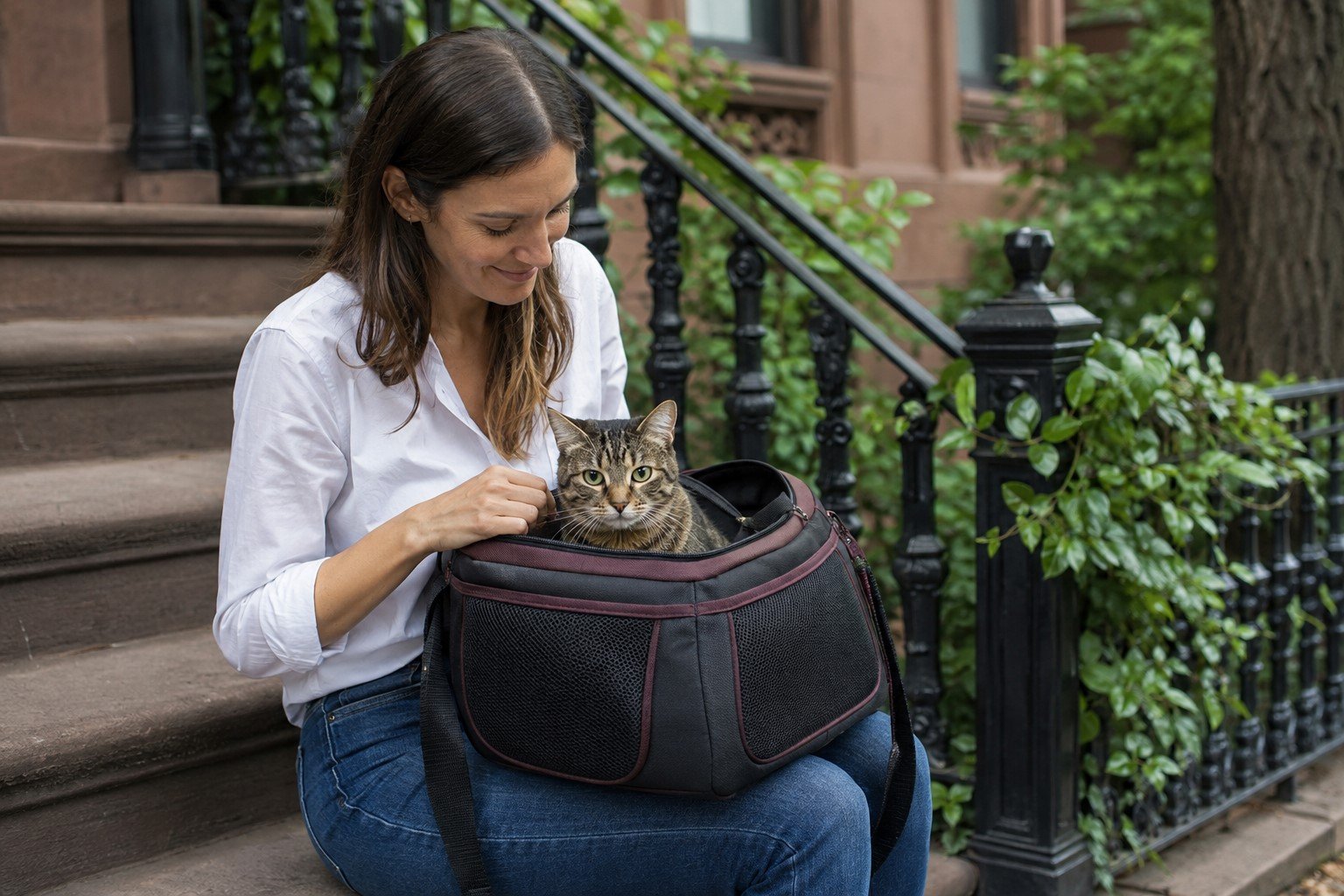Woman with her cat in a carrier on brownstone steps