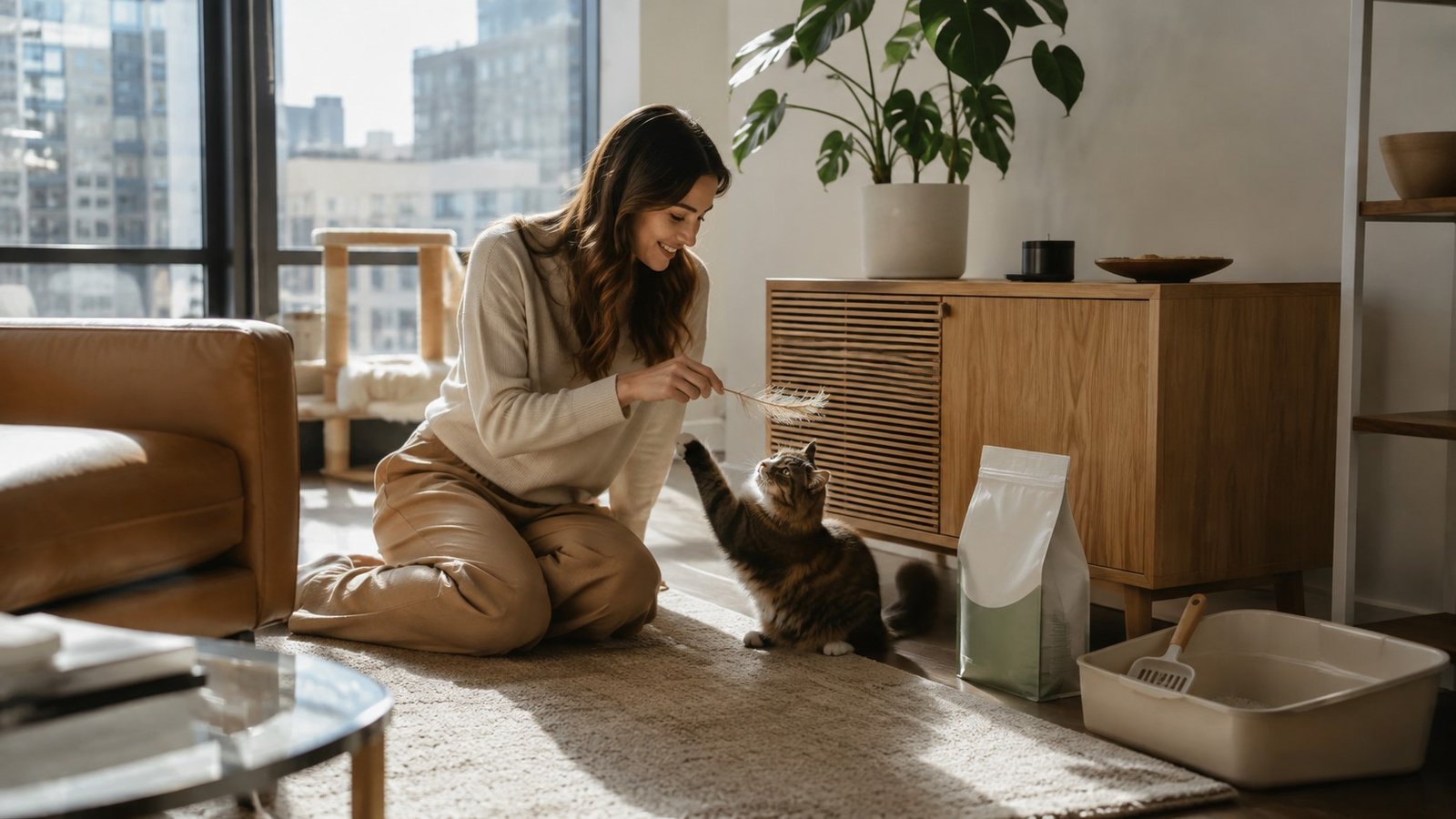 Woman playing with her cat in a light filled apartment