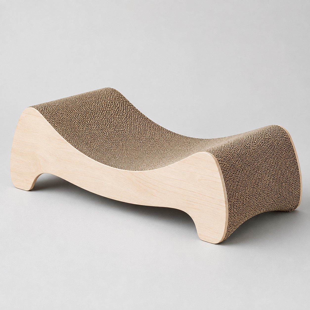 Curved cardboard cat scratcher with birch sides